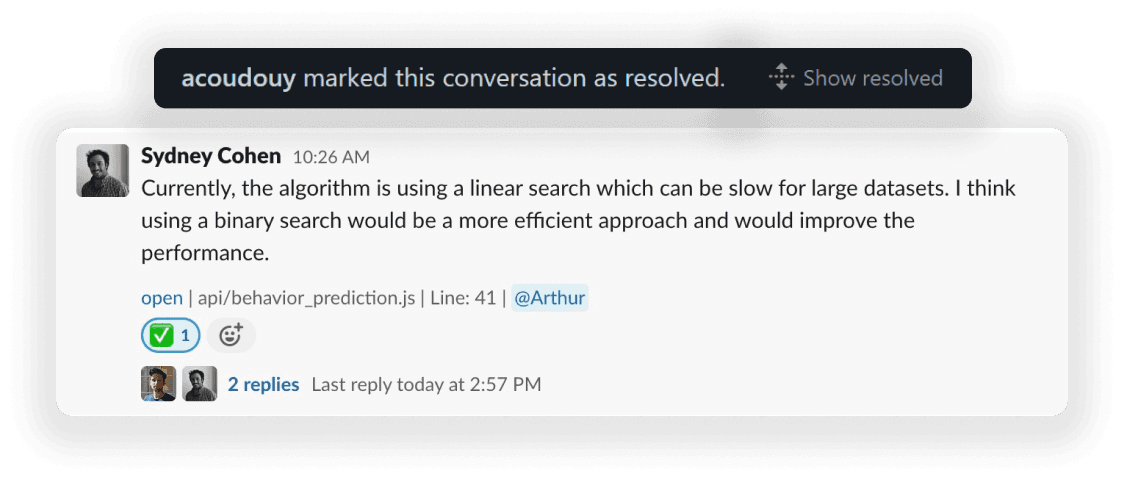 When a comment is resolved on GitHub, it will automatically add an emoji reaction ✅ on Slack
