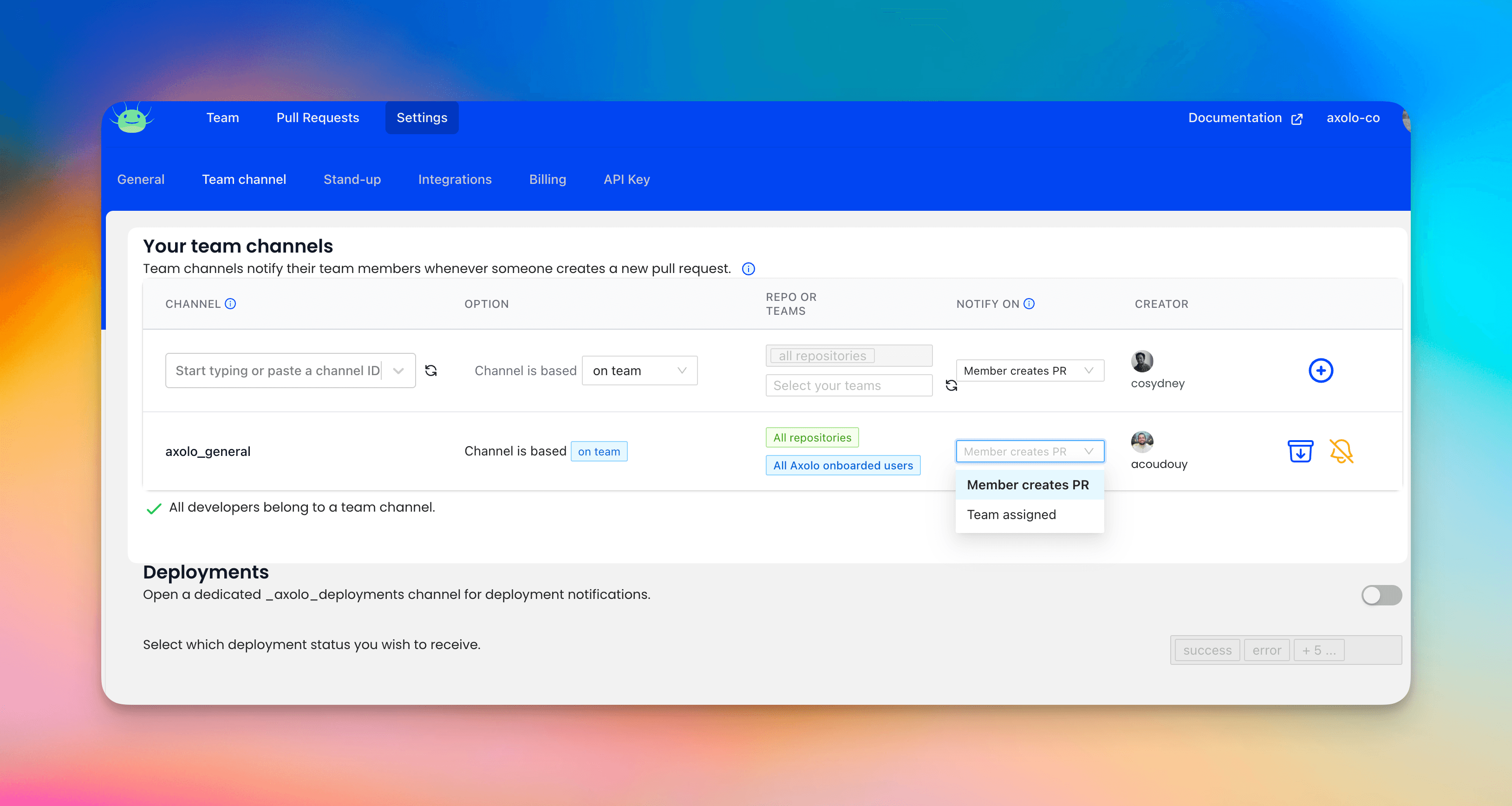 Team channel notification options