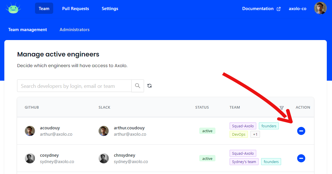 Remove team members on Axolo