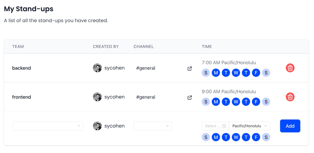 Settings of Axolo, the Slack stand up bot